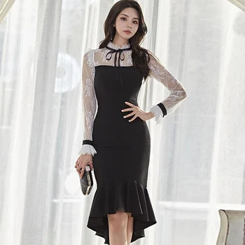

Winter Women Cloth Falre Sleeve Lace Patchwork Fishtail Mid-Calf Bodycon Sheath Sexy Stand Neck Party Dress