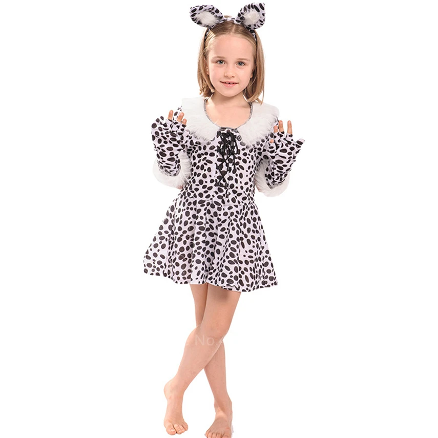 Girls Cute Cartoon Animal Cosplay Costumes Fancy Halloween Carnival KIds Tiger Leopard Purim Party Print Dresses With Headband