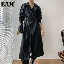 [EAM] Trench lungo da donna in pelle PU nera nuovo risvolto manica lunga vestibilità ampia giacca a vento moda marea autunno inverno 2022 1DD0738
