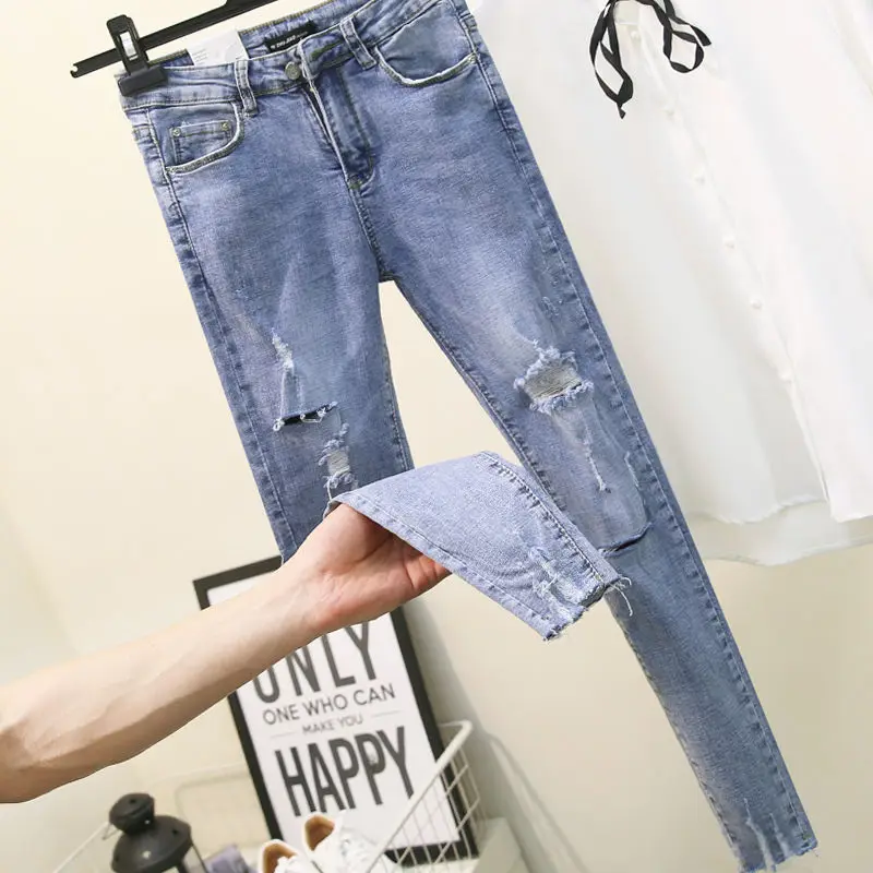 High Waist Light-colored Ripped Jeans Women's Summer 2021 New Korean Version of Tight-fitting Thin Feet Nine-point Thin Section