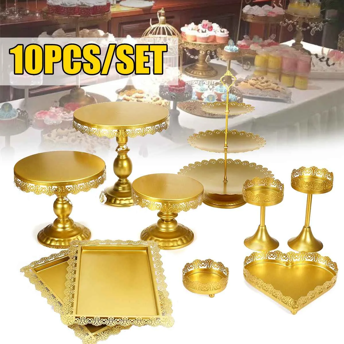 7/10 Piece Gold Cake Stand Set Round Metal Crystal Cupcake Dessert