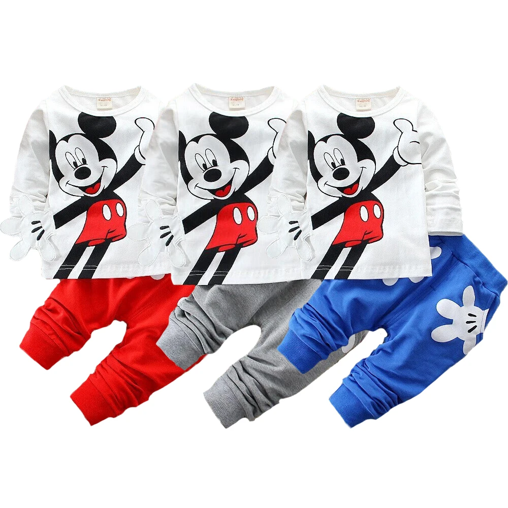 Комплекты одежды с Микки Маусом для мальчиков повседневные хлопковые комплекты одежды для детей рубашка с длинными рукавами и штаны детская одежда из 2 предметов одежда для маленьких мальчиков