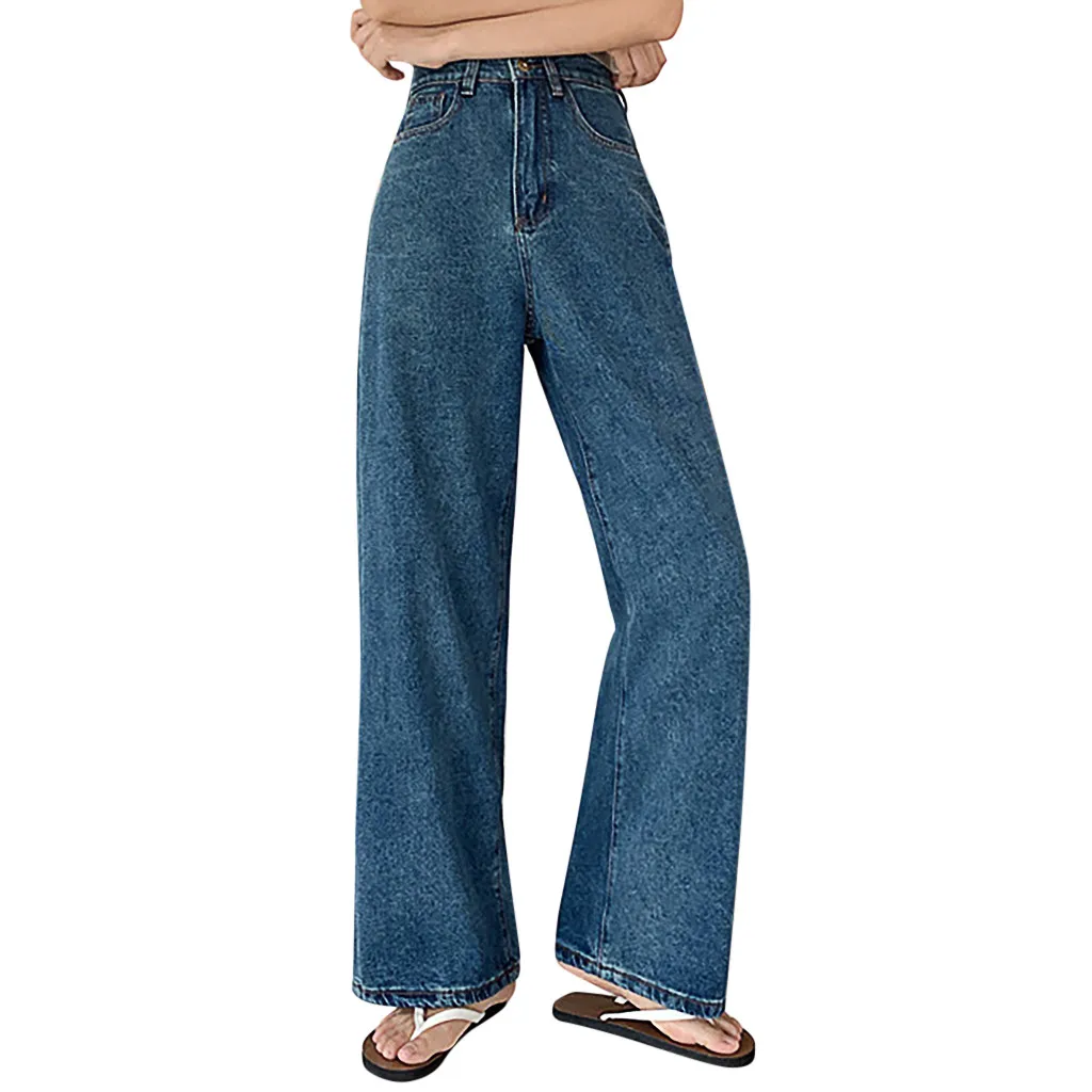 Fashion Jeans Woman High Waist Wide Leg Pants Women Button Washed Denim Femme Pocket Trouser Straight Mujer | Женская одежда