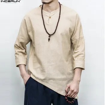 

INCERUN Retro Men Casual Shirt Long Sleeve Solid Irregular Tops Chinese Style Shirt Men Cotton Vintage Camisa Masculina 2020 5XL