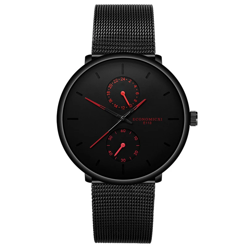 BlackRed Relojes Hombre синий указатель кварцевые мужские часы повседневные трендовые из нержавеющей стали с сетчатым ремешком ультра тонкий подарок деловые наручные часы - Цвет: BlackRed