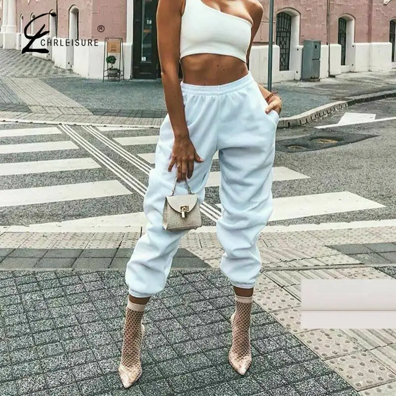 Для женщин Повседневное Jogger однотонные Спортивные штаны/Для Высокая Талия Брюки