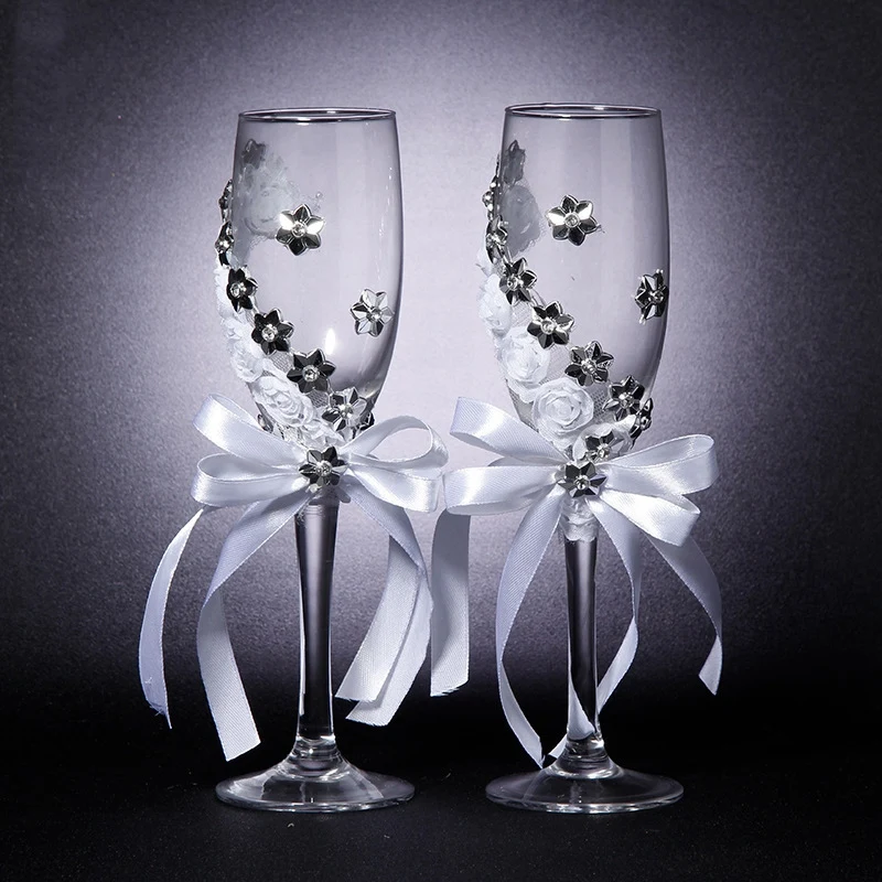 ELEG-2Pcs набор свадебных стеклянных креативных серебряных цветов, хрустальных свадебных бокалов для шампанского, бокал для красного вина, свадебные декорации