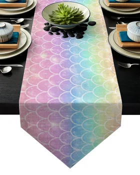 

Mermaid Scales Ocean Rainbow Table Runner Table Flag Home Party Decorative Tablecloth Table Runners for Wedding