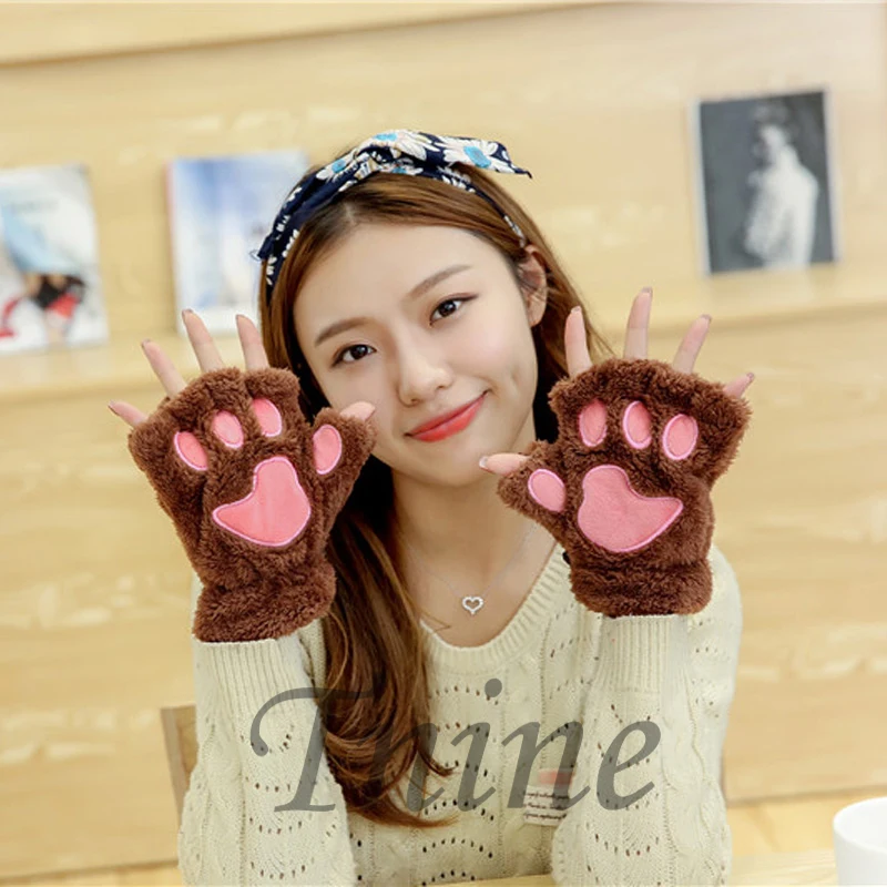 Women Winter Fingerless Paw Gloves Fluffy Bear Plush Cosplay Halloween