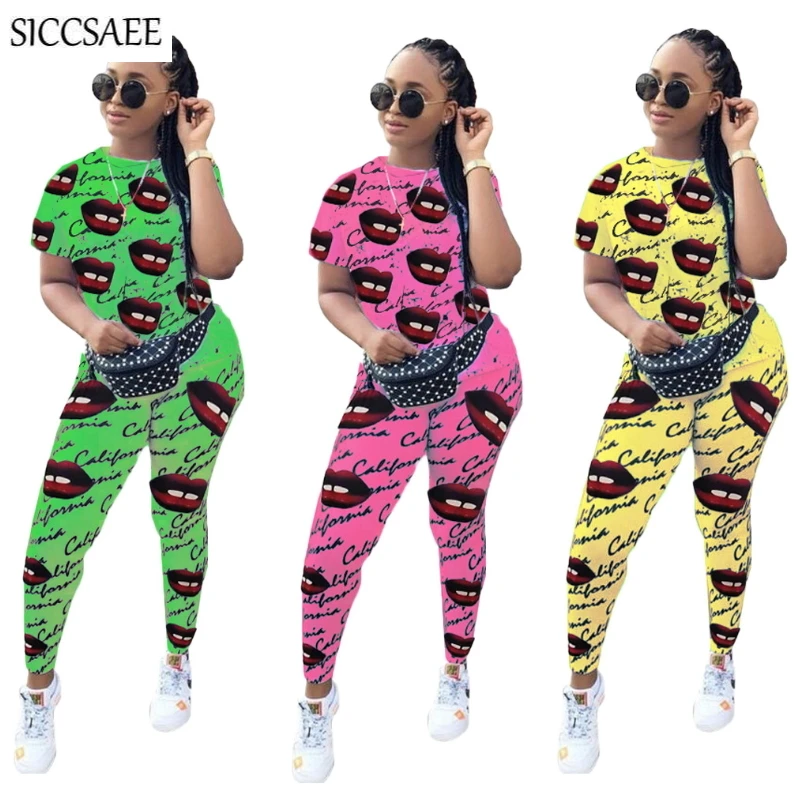 

Cartoon Lips Letter Printed Two Piece Set Sexy Casual Outfits For Women Active Streetwear Hippie Bodysuit Fall 2019 Sweat Suit