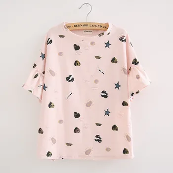 

2018 summer wear T-shirt women students' loose fitting cartoon design and regular bottoming shirt round neck