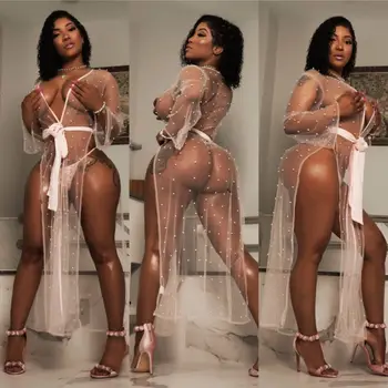 

Women Sexy Lingerie Mesh Robe Cardigan Underwear Pajamas Sleepwear Pearl Dress