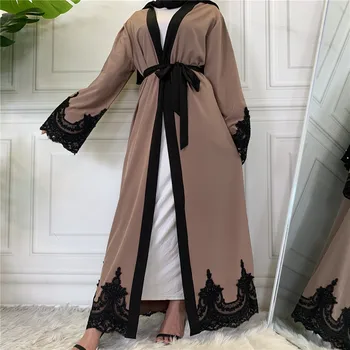 Middle East Fashion Ramadan Patchwork Lace Long Cardigan Muslim For Women Dubai Abaya Maxi Robe