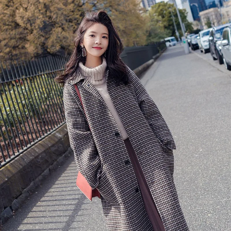 

Women Autumn Long Tweed Coat Houndstooth Single Breasted Oversize jacket