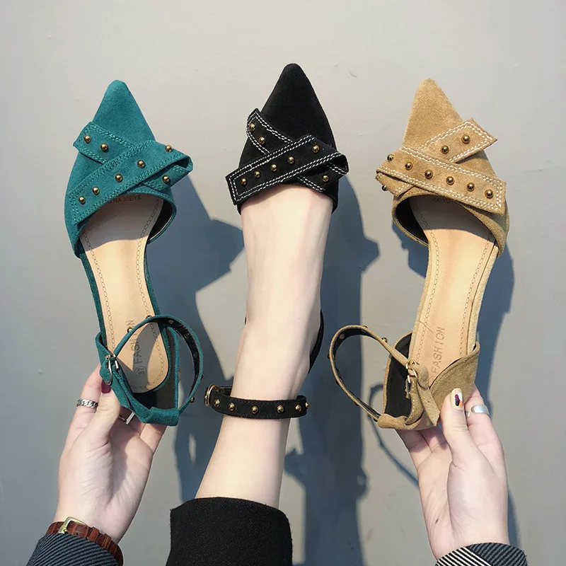 

19 New Year New Style Spring WOMEN'S Shoes Versatile Revers Pointed-Toe Thin Heeled WOMEN'S Casual Shoes Fashion Rivet Buckle Sh
