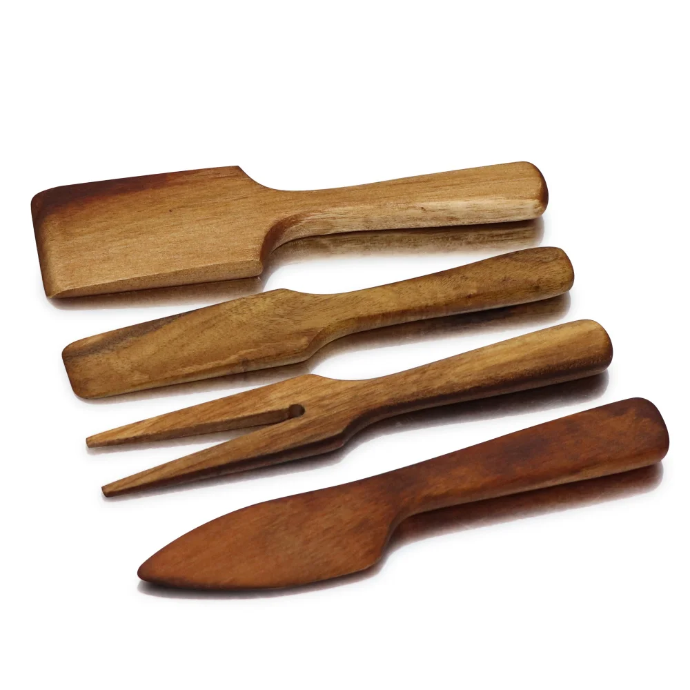 Curvo Cheese Set, Cheese Knife, and Fork, Acacia Wood