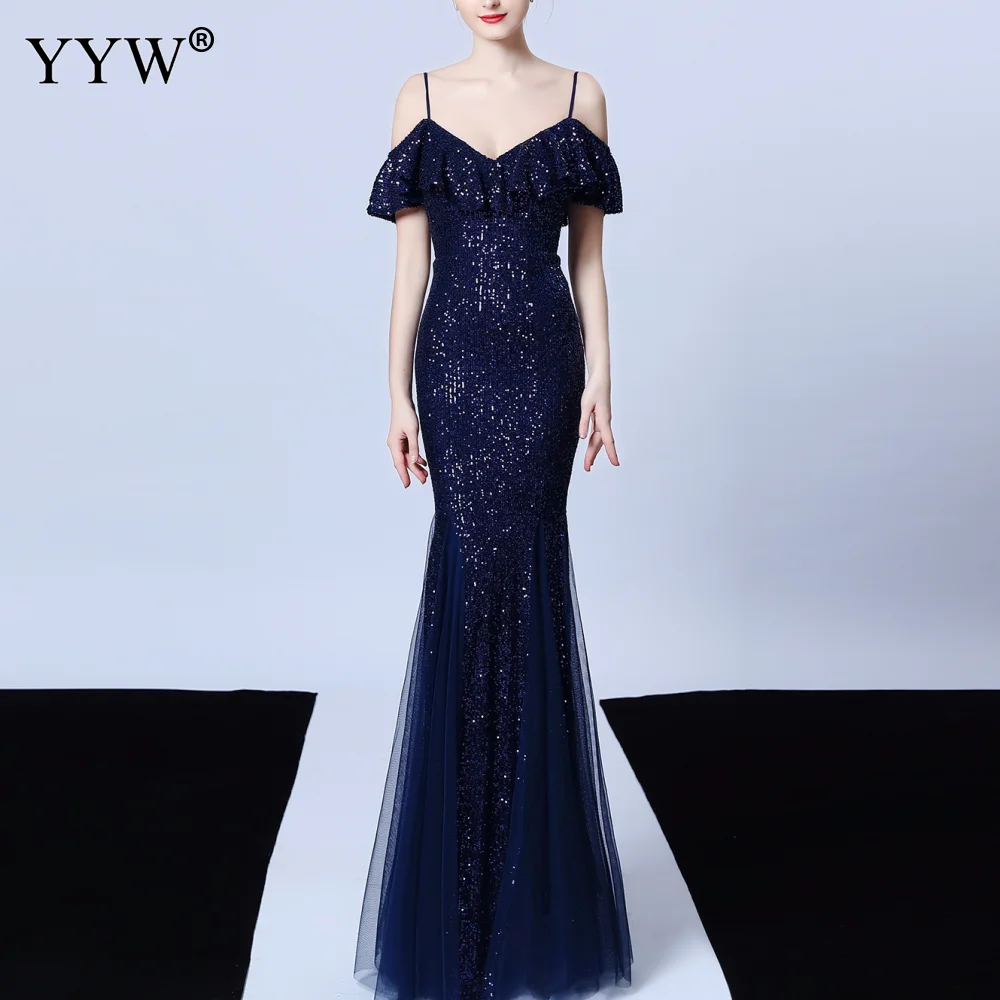 purplish blue Элегантное женское вечернее платье, расшитое блестками, с оборками, с открытыми плечами, Сетчатое, Русалка, вечерние платья, спагетти ремень, сексуальное платье, официальные платья - Цвет: purplish blue