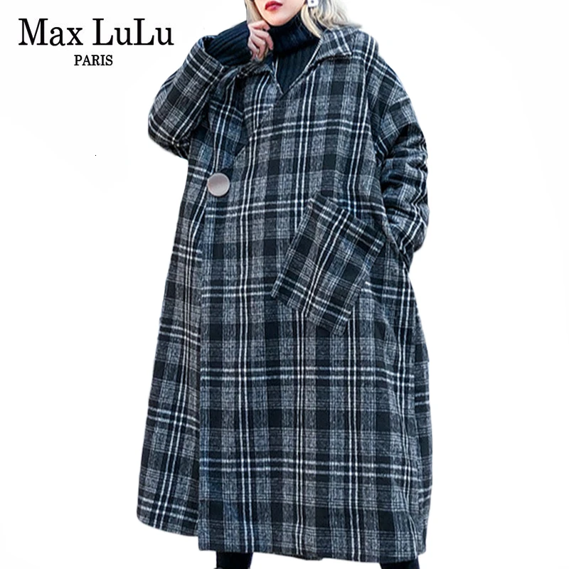 Max LuLu модные корейские женские панковские пальто женские винтажные длинные шерстяные пальто Теплая стеганая зимняя клетчатая одежда плюс размер