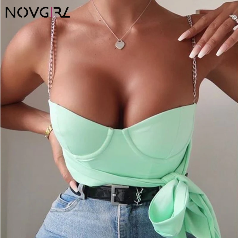 Novgirl/сексуальный короткий женский топ на бретельках с металлической цепочкой и завязками,, Летняя Сексуальная короткая майка, уличная одежда, Cropeed