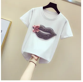 

Bead Lips Bow Knot Round Collar T-shirt Loose Tshirt Summer Women's Big Size S-6XL Top Student Girls Casual Short Sleeve Tee