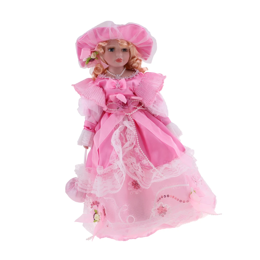 40cm Porcelain Doll Beautiful Vintage Lady Figures in Pink Princess Clothes with Wooden Stand for Adults Collections 