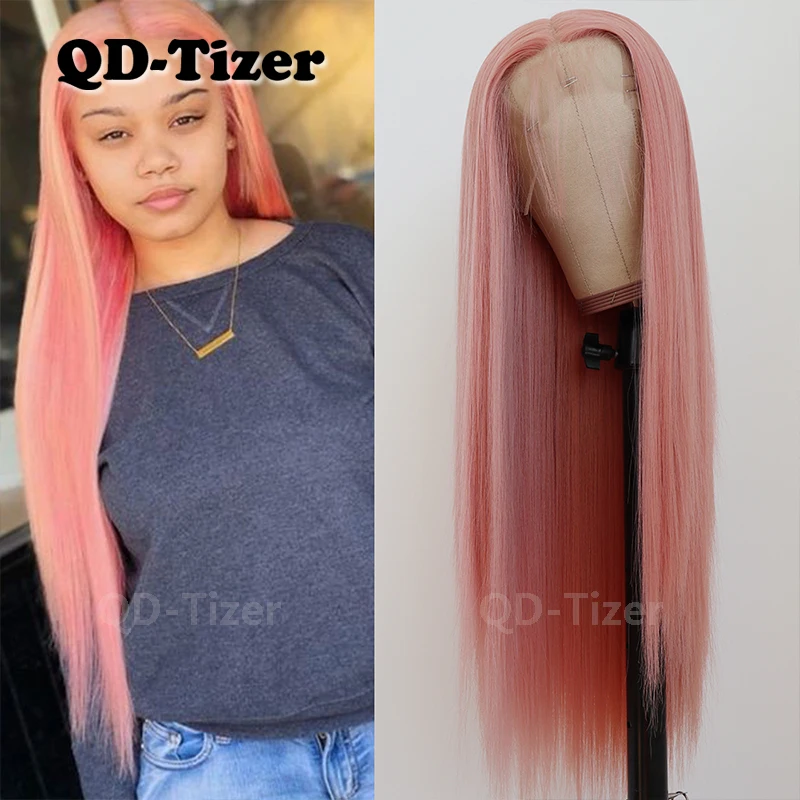 

QD-Tizer 13*6 Synthetic Lace Front Wigs Half Hand Tied Heat Resistant Fiber Hair Replacement Long Straight Wigs