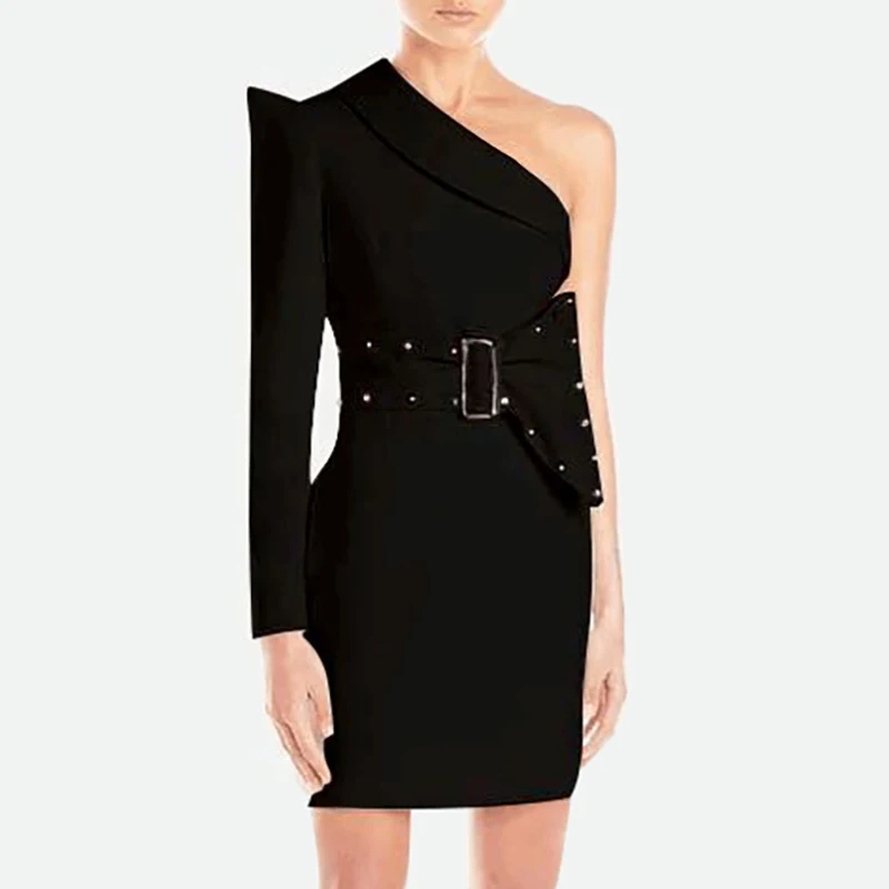 INDRESSME, новинка, женские вечерние платья, модные, на одно плечо, с длинным рукавом, облегающее мини-платье, с золотыми шипами, с пряжкой на поясе