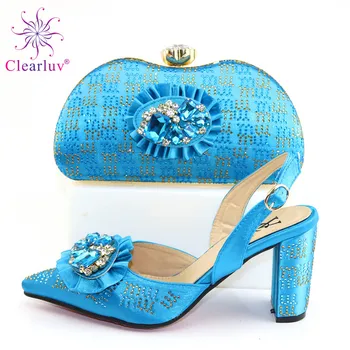 

High Quality Italian desing Shoes and Bag Set African Sets 2020 Sky Blue Color Italian Shoe Bag Set Decorated with Rhinestone