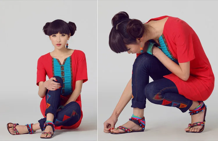 

2019 Summer Ethnic Embroidery Flip-flop Flat Cover Heel Sandals Fashion WOMEN'S Shoes