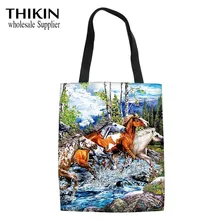 THIKIN Женская Холщовая Сумка с рисунком лошади, мультяшная сумка с верхней ручкой для женщин, Складная хозяйственная сумка на заказ, Женская многоразовая сумка