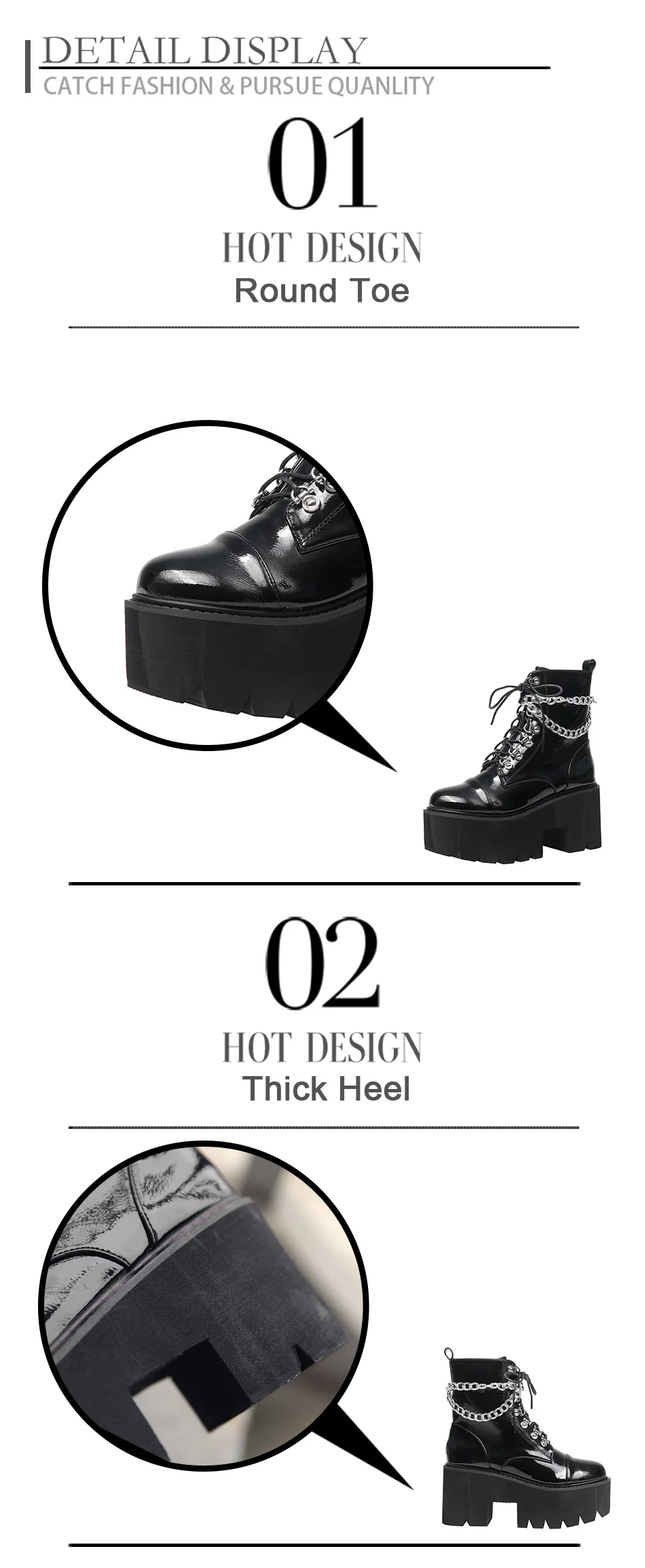 Gdgydh Patent Leather Gothic Black Boots Women Heel Sexy Chain Chunky Heel Platform Boots Female Punk Style Ankle Boots Zipper