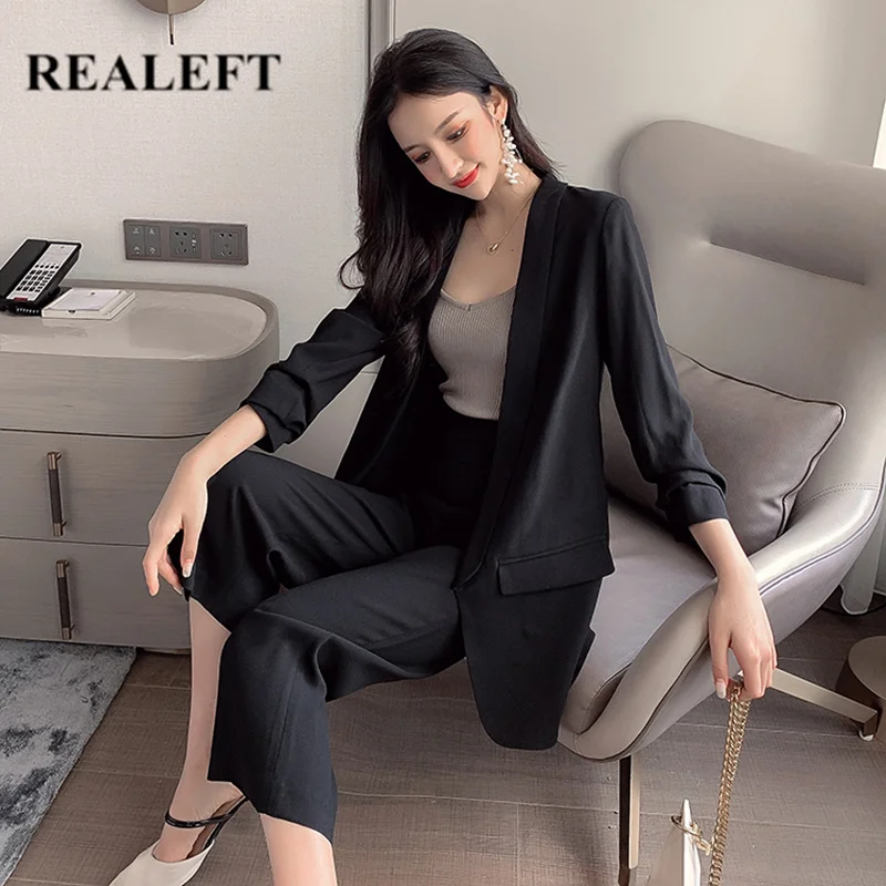 

REALEFT Autumn Work Pants Suits 2 Piece Sets Casual Blazer Jacket with Pocket & Zipper Trousers Suit For Women Sets Feminino
