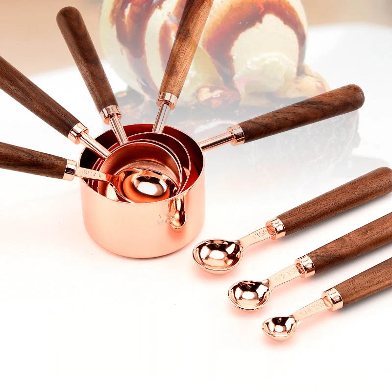 

4Pcs Stainless Steel Measuring Cup /Spoons Suit Walnut Wooden Handle Rose Gold Baking Scale Spoon Baking Spoon