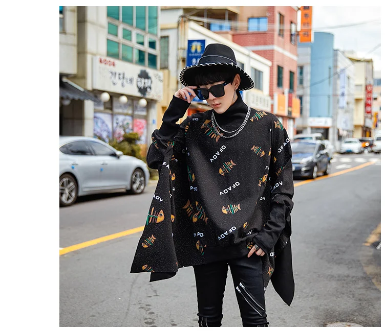 Spring and autumn loose high collar cape windbreaker men's trend printing casual jacket chic original bat sleeve cloak