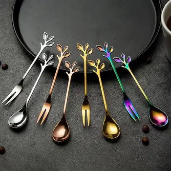 

Kitchen Flatware Delicate Leaf Shape Stainless Steel Spoon or Fork Coffee Mixing Spoon Fruit Fork Ice Cream Spoon Dessert Fork