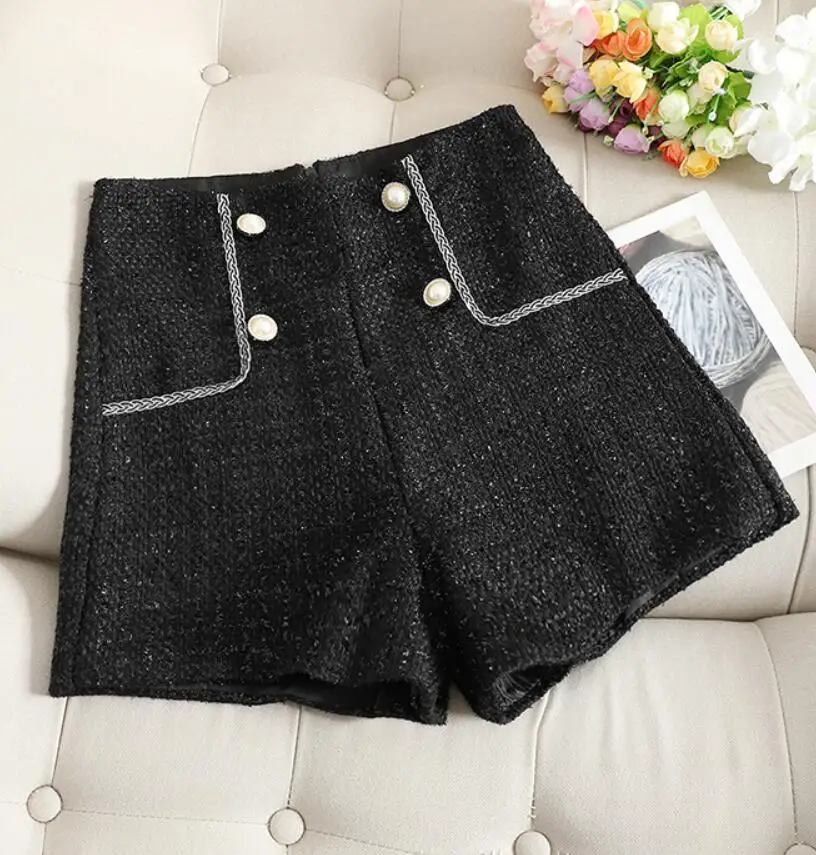 black autumn winter Tweed woolen shorts women high waist small fragrance double-breasted wide leg shorts - Цвет: black