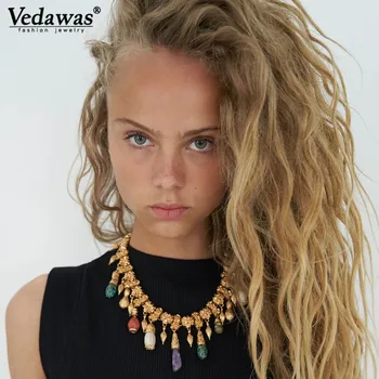 

Vedawas Stone Pendant Necklace Bohemia Personality Metal Texture Double Necklace For Women Statement Fashion Charm ShellNecklace