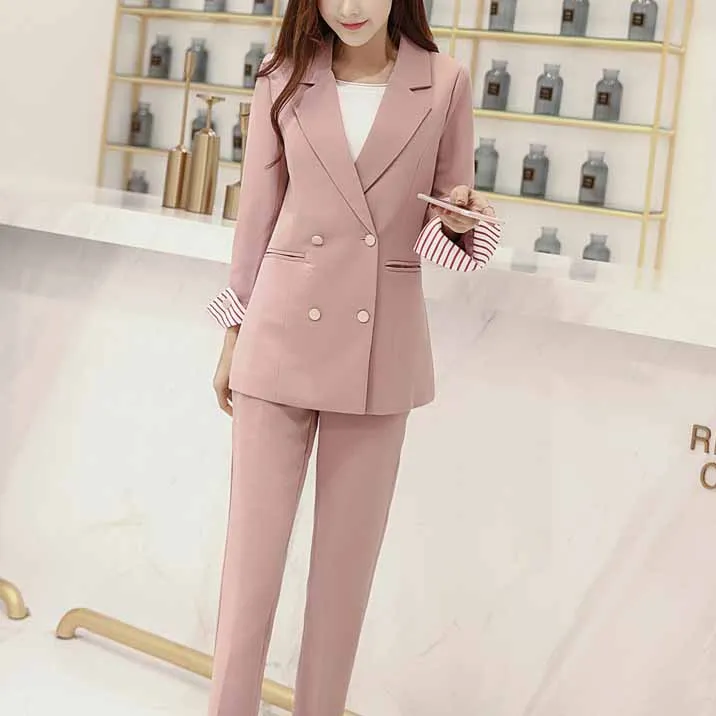 Heydress осенний однотонный двубортный Блейзер, костюм для офисной леди, элегантные брюки, костюм комплект из двух предметов - Цвет: pink