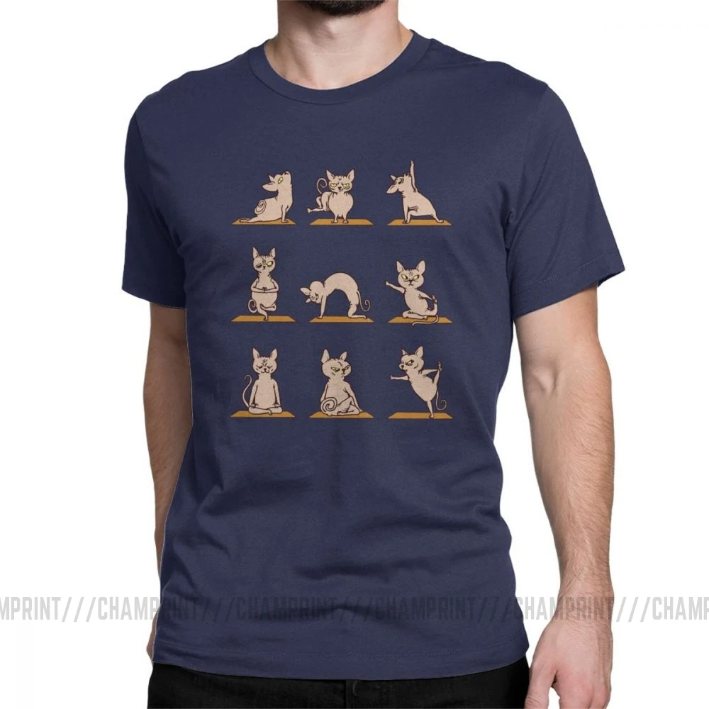 Мужские футболки для йоги с изображением кота сфинкса, хлопковые топы для тренажерного зала с мультипликационным принтом животных, забавная футболка с коротким рукавом, футболка 6XL - Цвет: Тёмно-синий