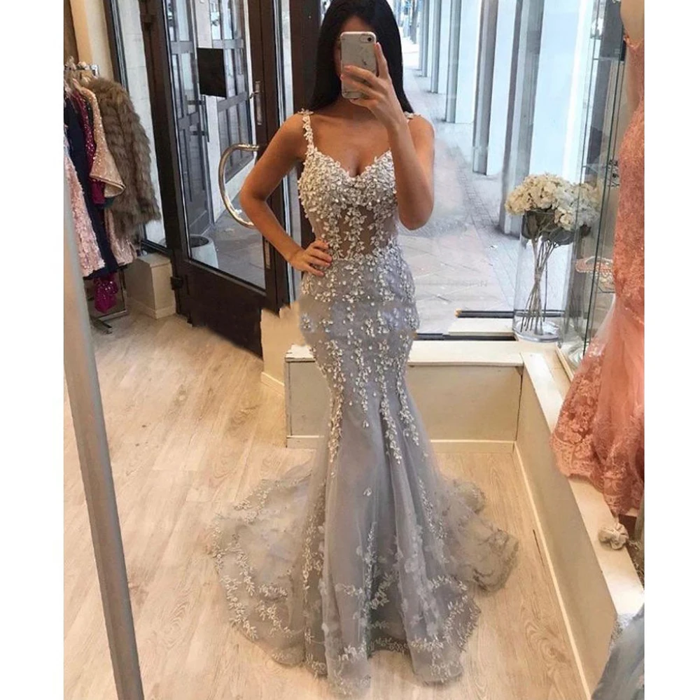 Новинка, скромный светильник, серое кружево, Русалка, вечерние платья, расшитые бисером, Длинные вечерние платья, Abiye Robe De Soiree, вечерние платья