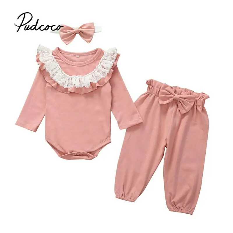 Newborn Baby Girl Clothes Autumn Winter Lace Ruffles Outfit Long Sleeve O-Neck Bodysuits Pants Headband Infant Clothing Set | Детская