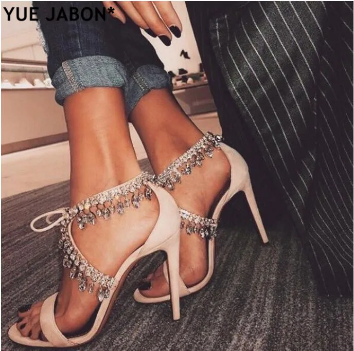 

Crystal Summer bling bling rhinestone tassel Woman sandals lace up Sexy Pumps 10cm thin heel female Suede Gladiator Sandalias