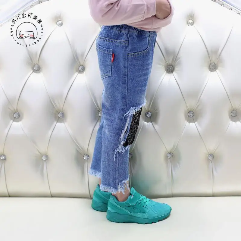 Ss3653 Dream Dangdang/ г. Весенние новые стильные брюки для девочек кружевные джинсы с дырками DW E-2