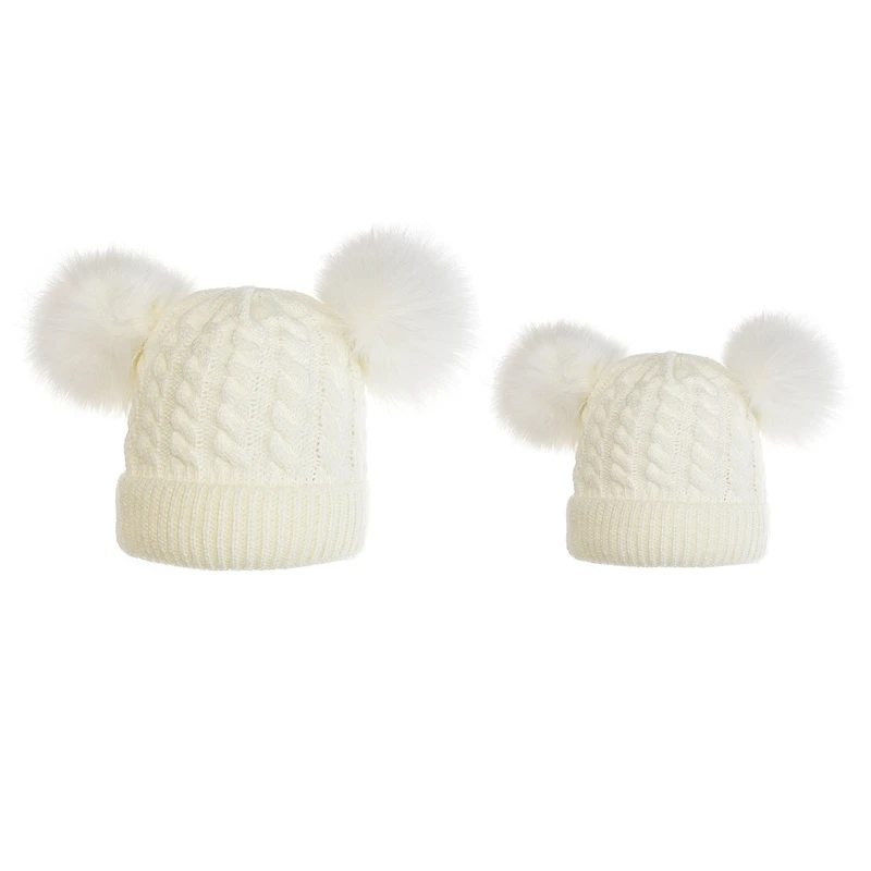 

2Pcs Parent-Child Winter Cable Knit Beanie Hat Double Pompom Skull Cap Warmer