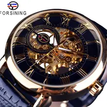 Forsining 3d логотип дизайн полые гравировка черный золотой чехол Кожа Скелет механические часы для мужчин люксовый бренд Heren Horloge