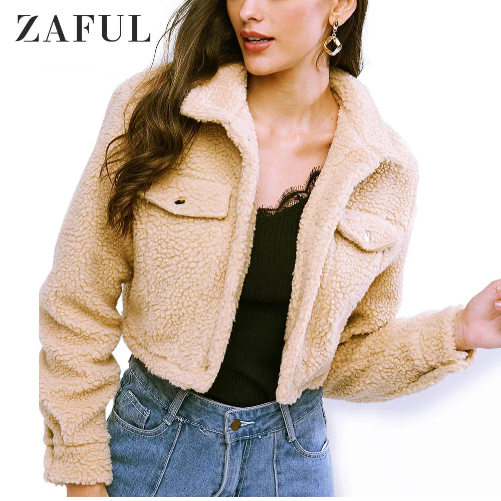 ZAFUL abrigos con botones a presión mujer, de borreguito Chaqueta corta, mangas completas, cuello vuelto, Tops cortos de cintura ancha, prendas de vestir diarias invierno|chaquetas básicas| -