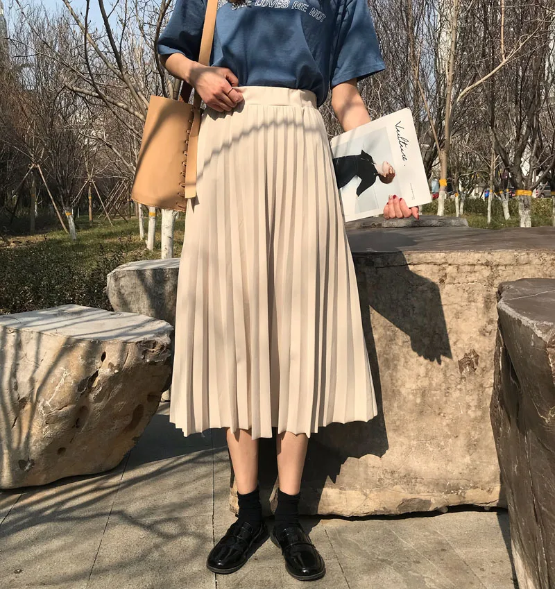 Осенняя плиссированная юбка для женщин, для колледжа, Harajuku, ins, высокая талия, трапециевидная, повседневная, зимняя, длинная, Ulzzang, одноцветная, шикарная, большой размер, юбка
