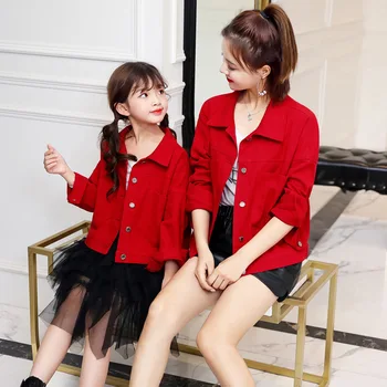 

WLG family matching clothes mom and daughter jacket autumn red denim turn down collar long sleeve fashion coats