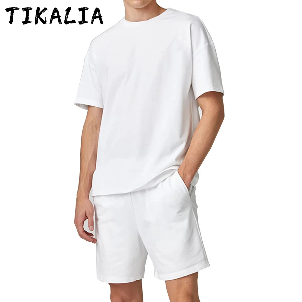 Ropa de verano para hombre, camisa de manga corta y pantalones cortos de Color sólido, conjunto de 2 piezas de tela de algodón, ropa para el hogar y Deportes