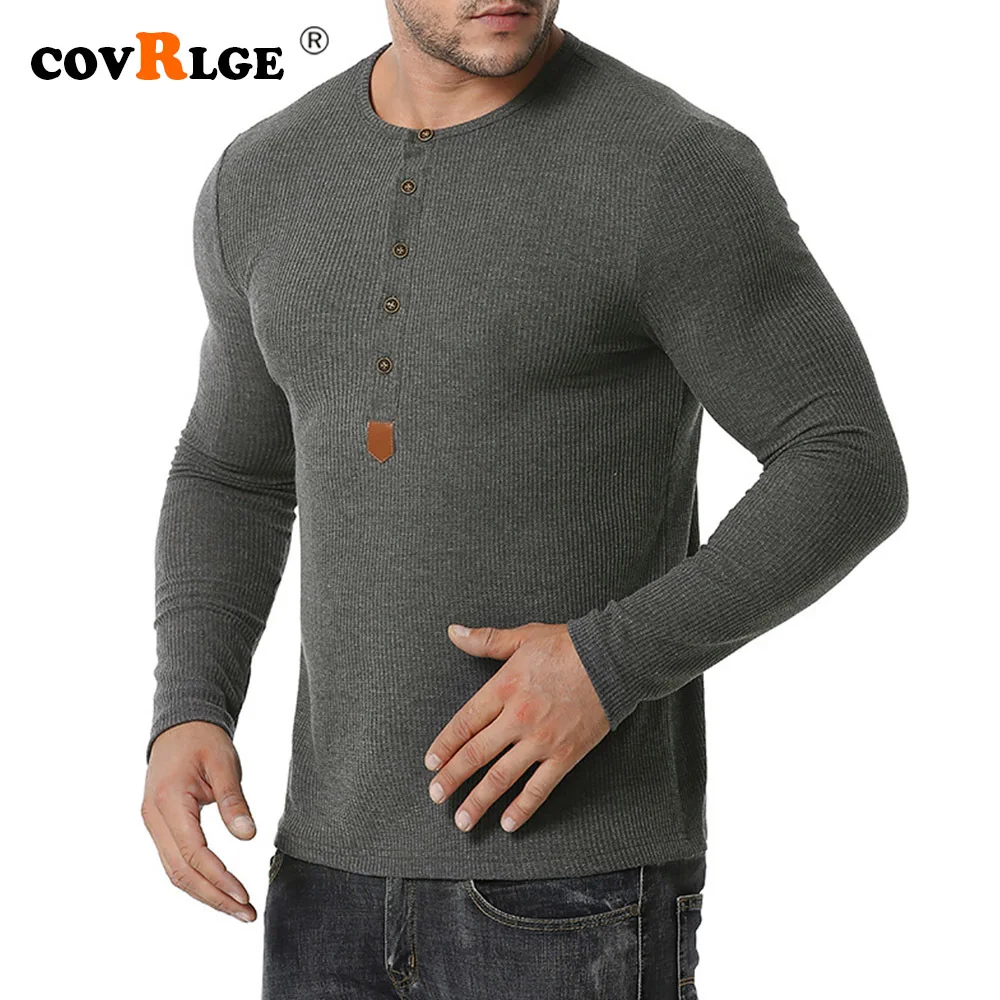 

Covrlge Henry Collar T-shirt New Model Men's Autumn Winter Long-sleeved Bottoming Waffle T-shirt Streetwear Plus US Size MTL130